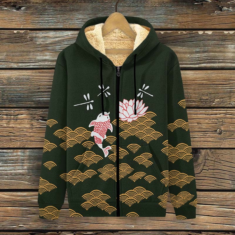 Japanese Style Koi Fish Dragonfly Wave Art Print Fleece Jacket - Dark Green - 4XL - image 2