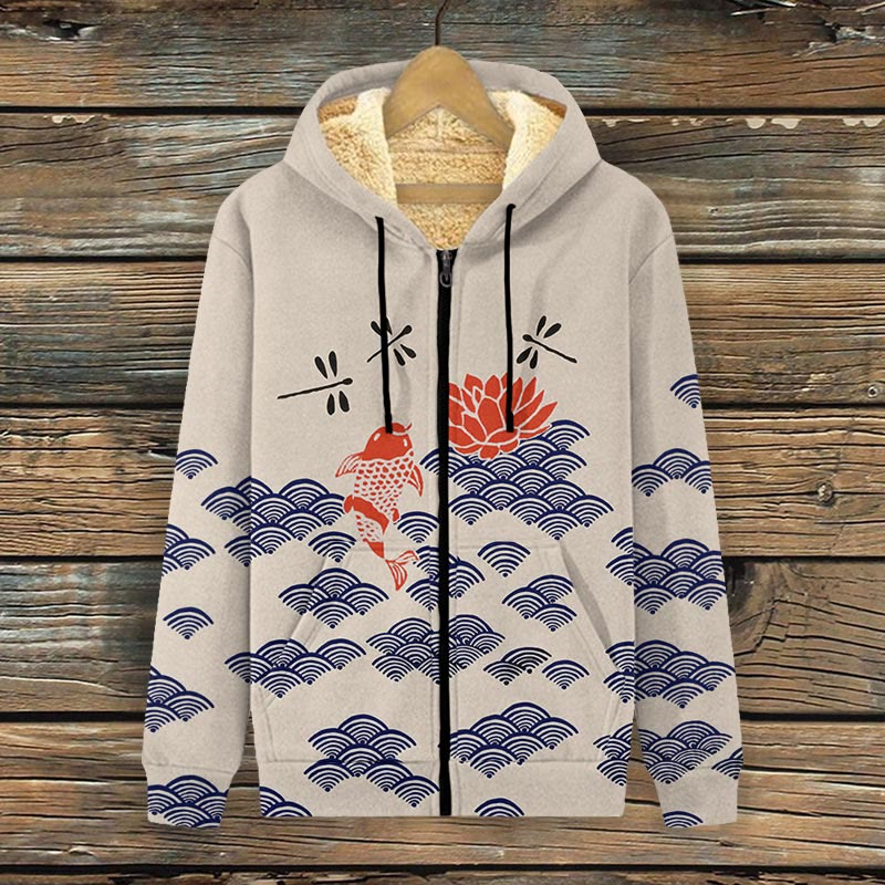 Dashingsoul Japanese Style Koi Fish Dragonfly Wave Art Print Fleece Jacket