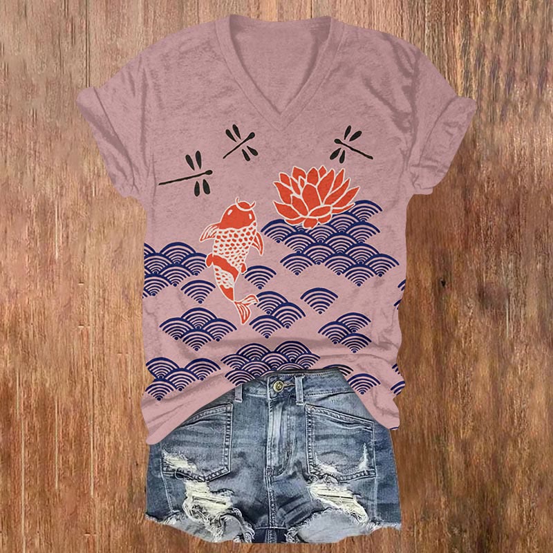 Japanese Style Koi Fish Dragonfly Wave Art Print V-neck T-shirt