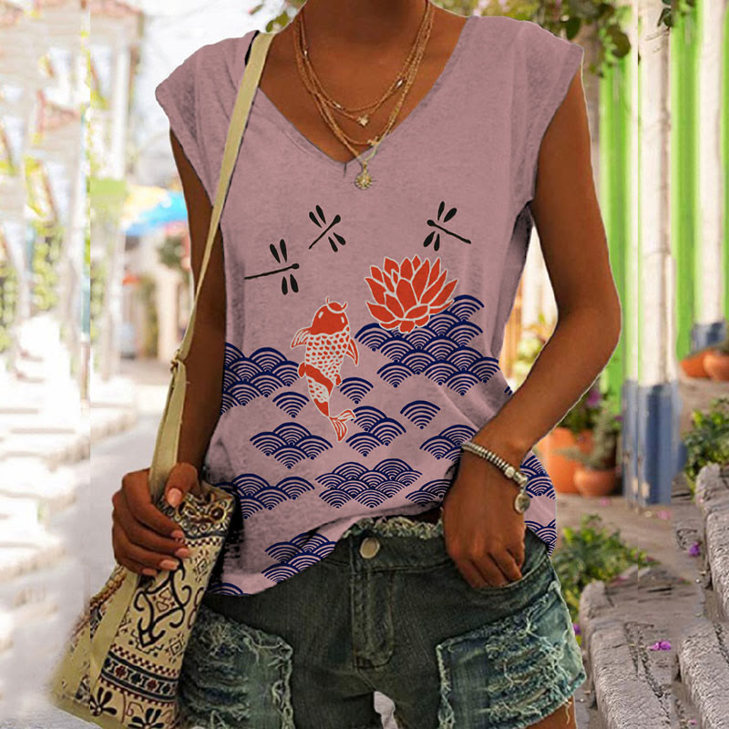 Japanese Style Koi Fish Dragonfly Wave Art Print V-neck Tank Top