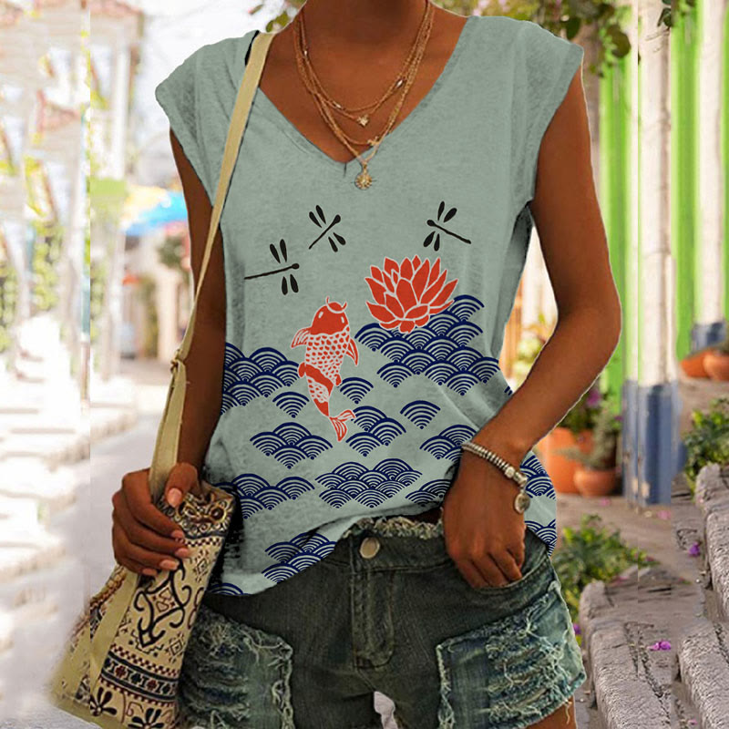 Japanese Style Koi Fish Dragonfly Wave Art Print V-neck Tank Top