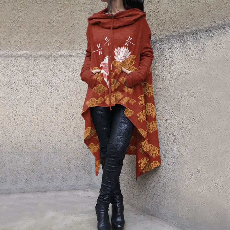 Dashingsoul Japanese Style Koi Fish Dragonfly Wave Art Print Casual Hoodie