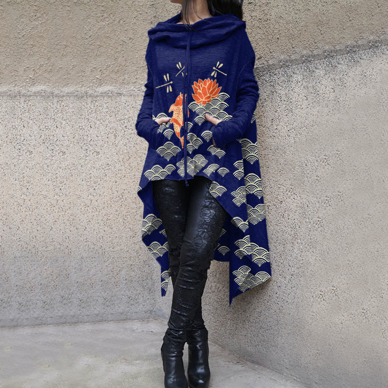 Dashingsoul Japanese Style Koi Fish Dragonfly Wave Art Print Casual Hoodie