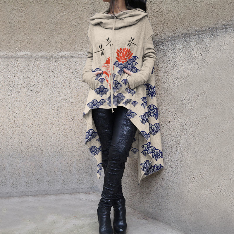 Dashingsoul Japanese Style Koi Fish Dragonfly Wave Art Print Casual Hoodie