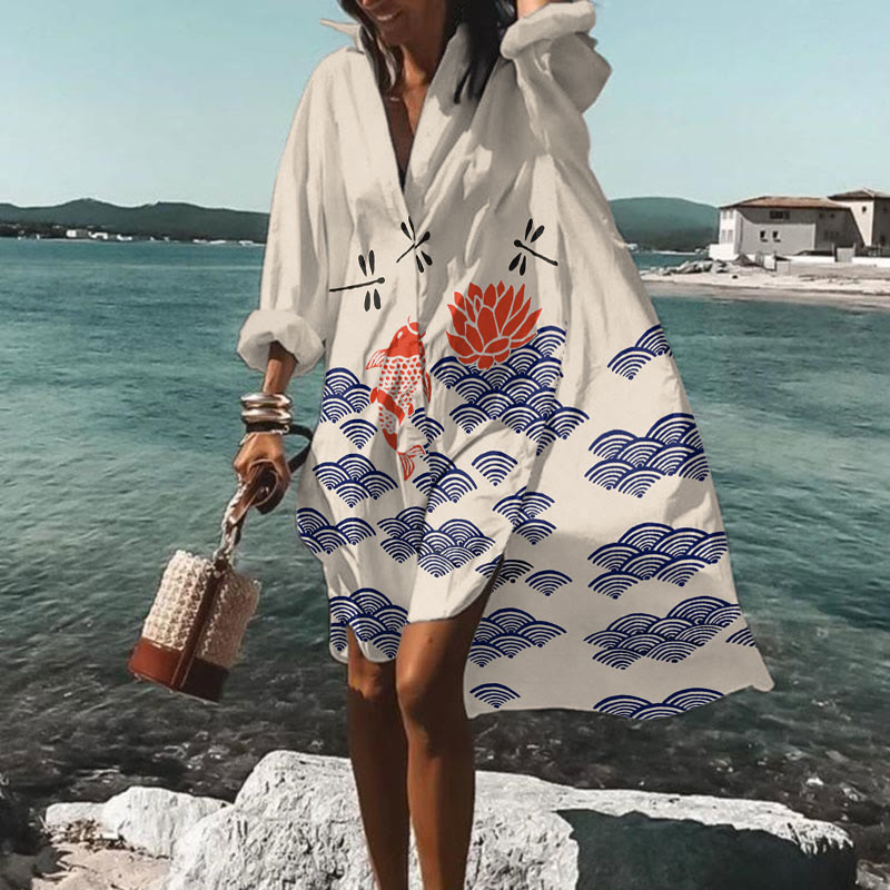 Japanese Style Koi Fish Dragonfly Wave Art Print Dress - Apricot - 5XL - image 1