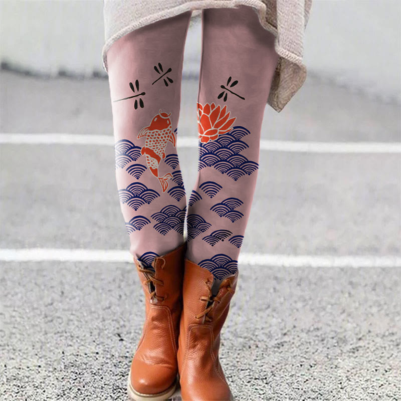 Dashingsoul Japanese Style Koi Fish Dragonfly Wave Art Print Women's Leggings