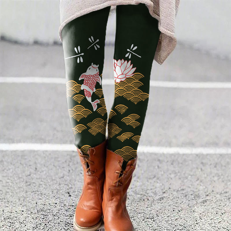 Dashingsoul Japanese Style Koi Fish Dragonfly Wave Art Print Women's Leggings
