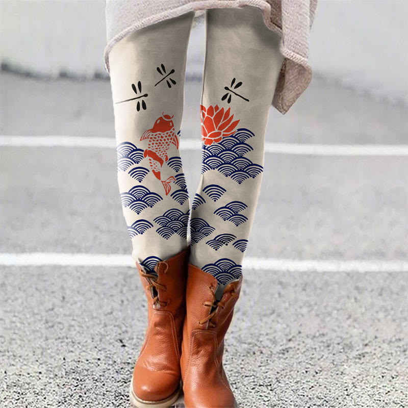 Dashingsoul Japanese Style Koi Fish Dragonfly Wave Art Print Women's Leggings