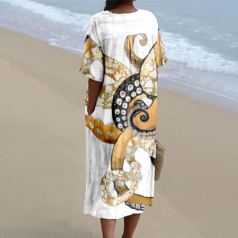 Women's Vintage Abstract Octopus Art Print V-neck Short Sleeved Casual Midi Dress - image 2