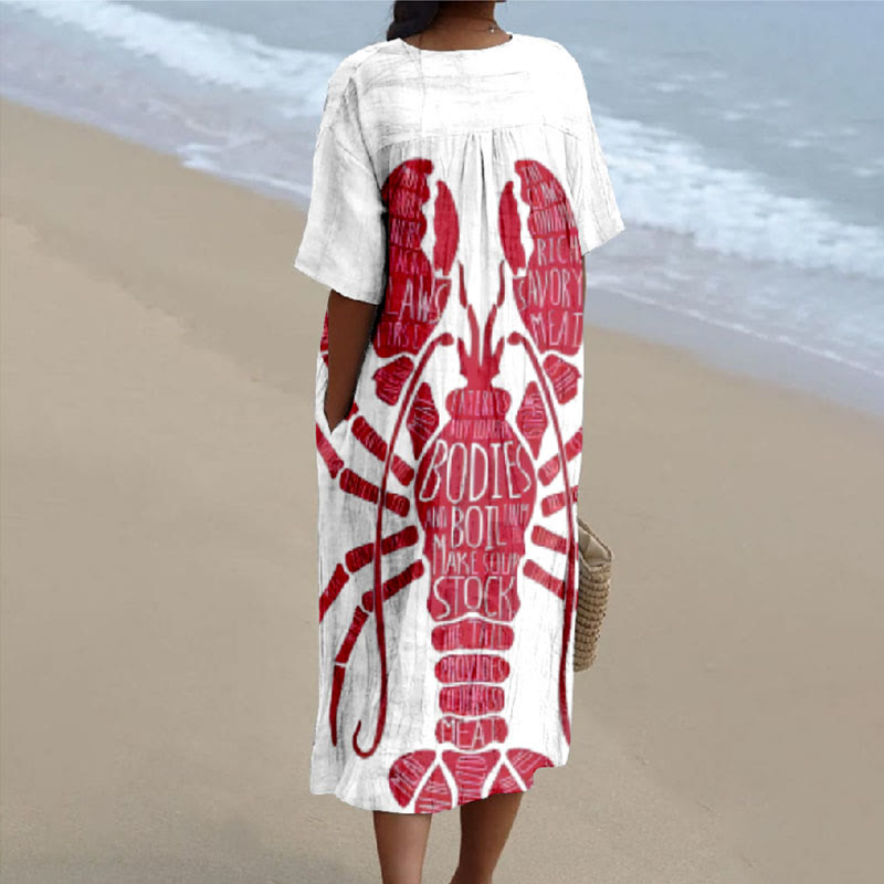 Women's Vivid Big Red Lobster Art Print V-neck Short Sleeved Casual Midi Dress - image 2