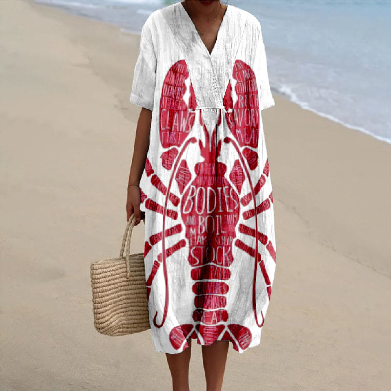 Women's Vivid Big Red Lobster Art Print V-neck Short Sleeved Casual Midi Dress - Red - 6XL - image 1