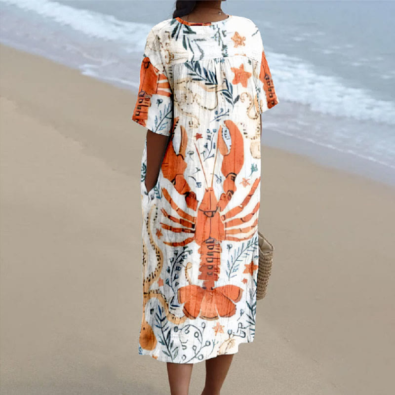 Women's Lovely Lobster Starfish And Sea Plants Art Print V-neck Short Sleeved Casual Midi Dress - image 2