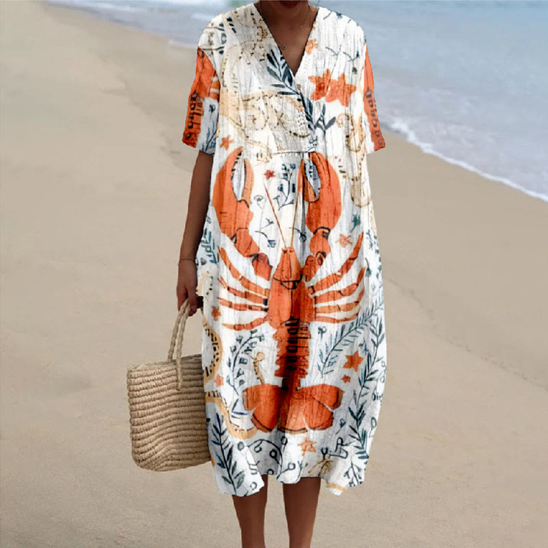 Women's Lovely Lobster Starfish And Sea Plants Art Print V-neck Short Sleeved Casual Midi Dress - Orange - 6XL - image 1