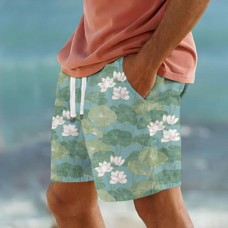 Vintage Lovely Lily Art Print Casual Shorts - Green - 5XL - image 1