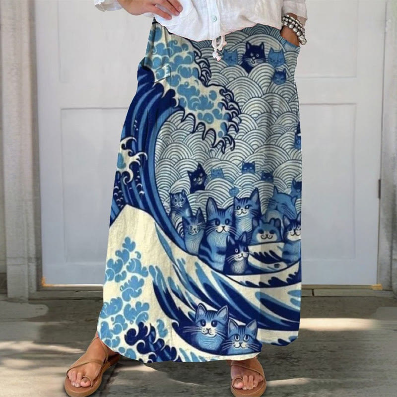 Women's The Blue Wave&Cats Art Print Casual Pocket Skirt - Blue - 3XL - image 1