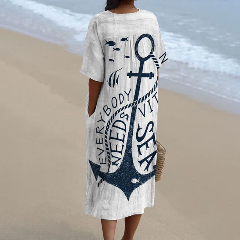 Women's Anchors And Vitamin Sea Decorative Patterns Print V-neck Short Sleeved Casual Midi Dress - image 2