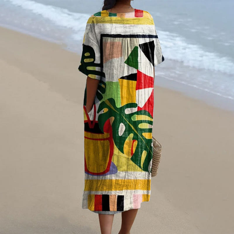 Women's Hand Drawn Colorful Geometric And Vase Print V-neck Short Sleeved Casual Midi Dress - image 2