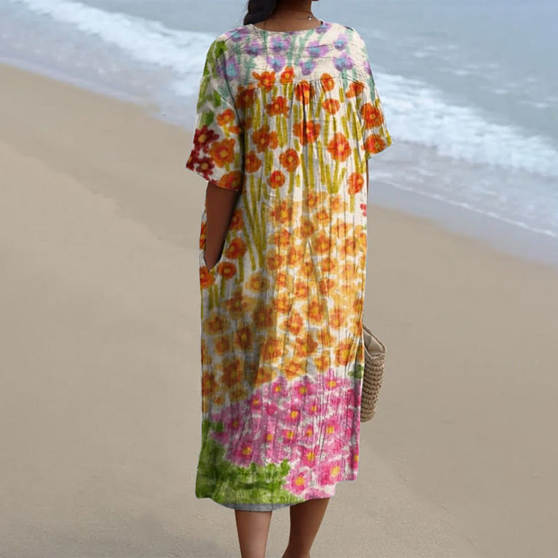 Women's Hand Painted Colorful Spring Floral Print V-neck Short Sleeved Casual Midi Dress - image 2