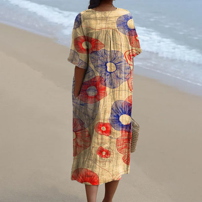 Women's Vintage Abstract Striped Floral Pattern Print V-neck Short Sleeved Casual Midi Dress - image 2