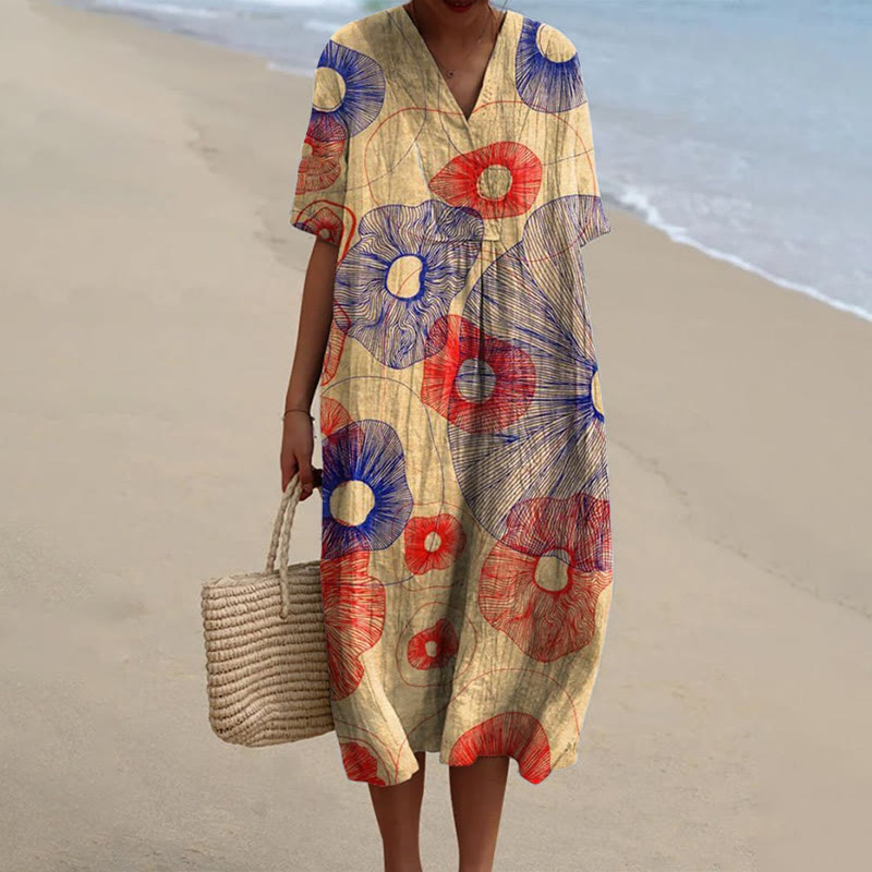 Women's Vintage Abstract Striped Floral Pattern Print V-neck Short Sleeved Casual Midi Dress - Yellow - 6XL - image 1