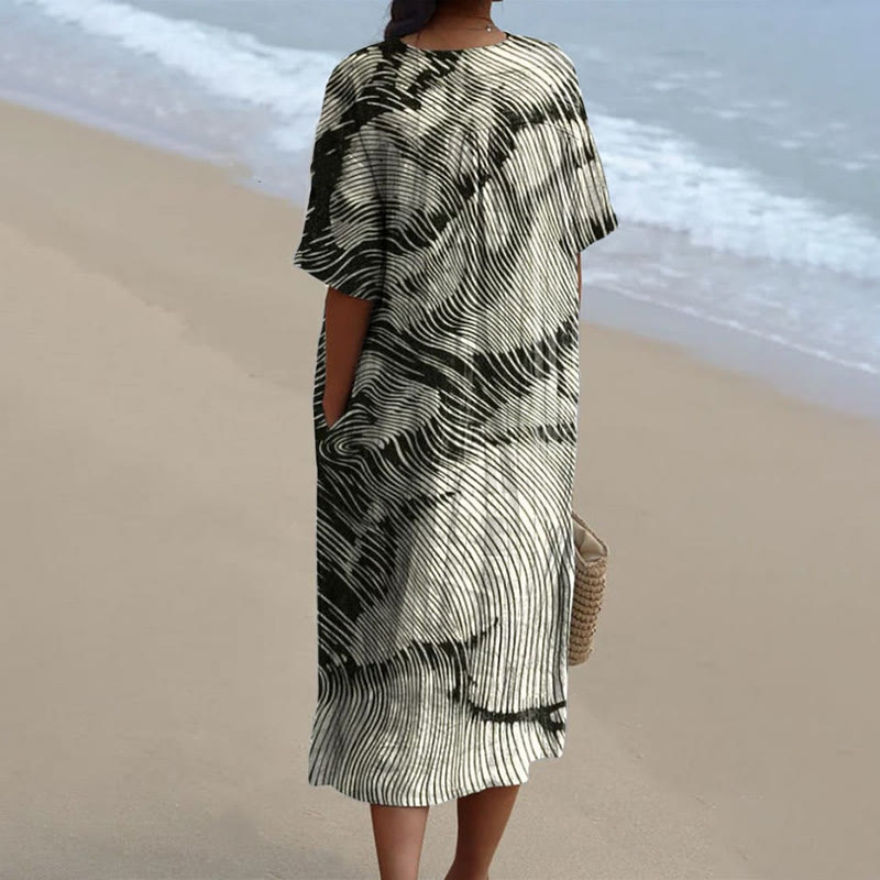 Women's Vintage Abstract Stripe Wave Art Print V-neck Short Sleeved Casual Midi Dress - image 2