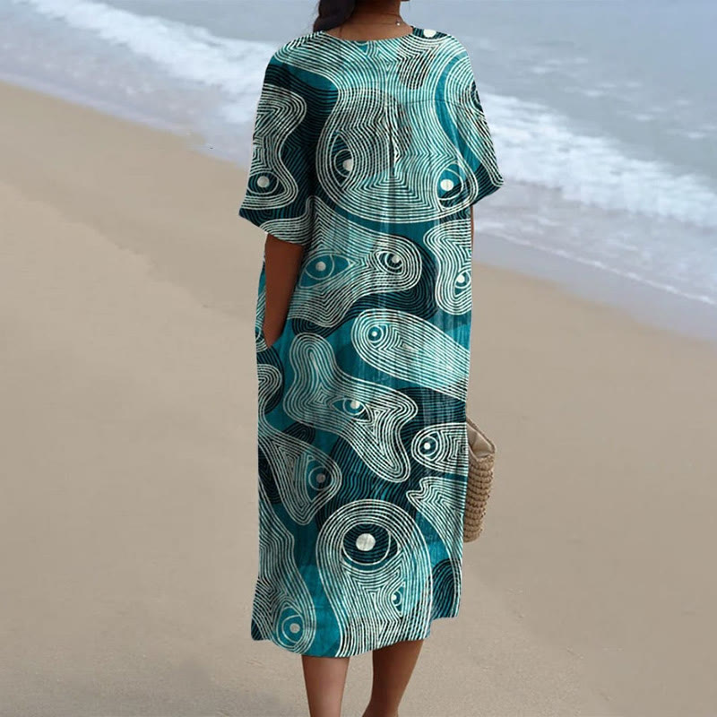 Women's Vintage Abstract Fish Eyes Art Print V-neck Short Sleeved Casual Midi Dress - image 2