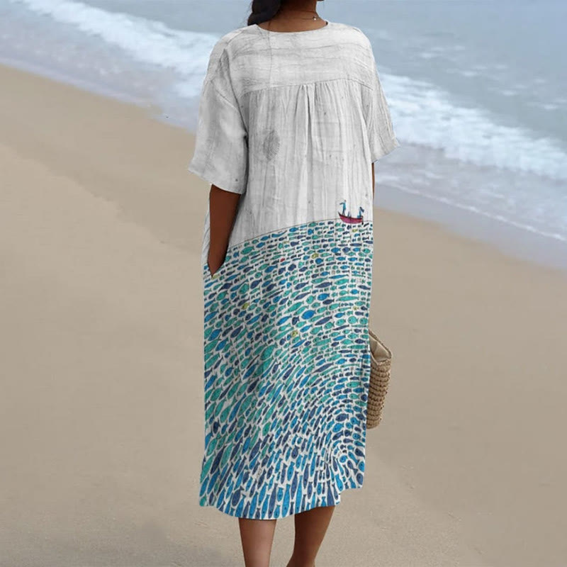 Women's Creative A Boat Sailing On The Fish Sea Art Print V-neck Short Sleeved Casual Midi Dress - image 2