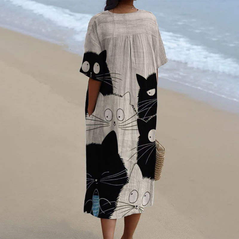 Women's Funny Black And White Cats Art Print V-neck Short Sleeved Casual Midi Dress - image 2