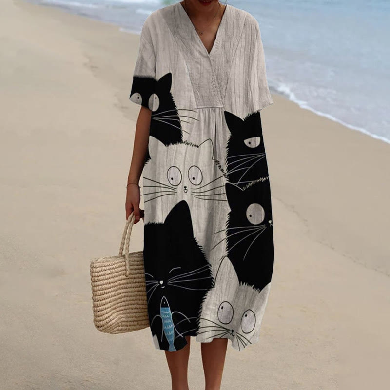 Women's Funny Black And White Cats Art Print V-neck Short Sleeved Casual Midi Dress - Khaki - 6XL - image 1