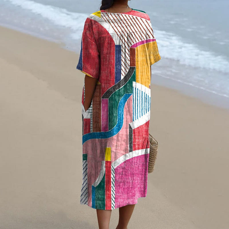 Women's Vintage Abstract Geometric Pattern Art Print V-neck Short Sleeved Casual Midi Dress - image 2