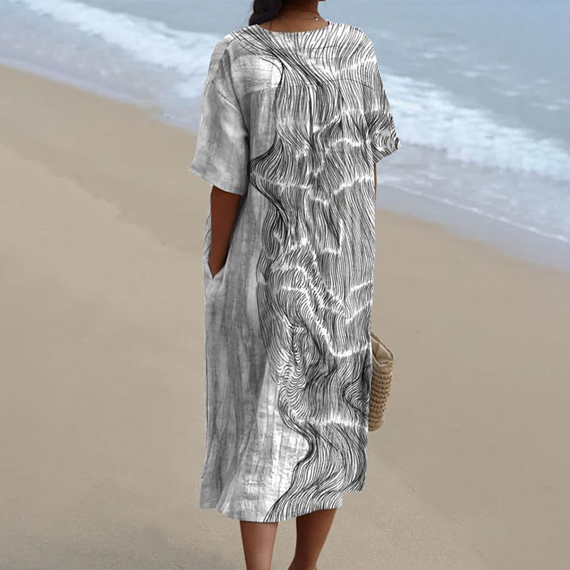 Women's Vintage Irregular Wavy Striped Art Print V-neck Short Sleeved Casual Midi Dress - image 2