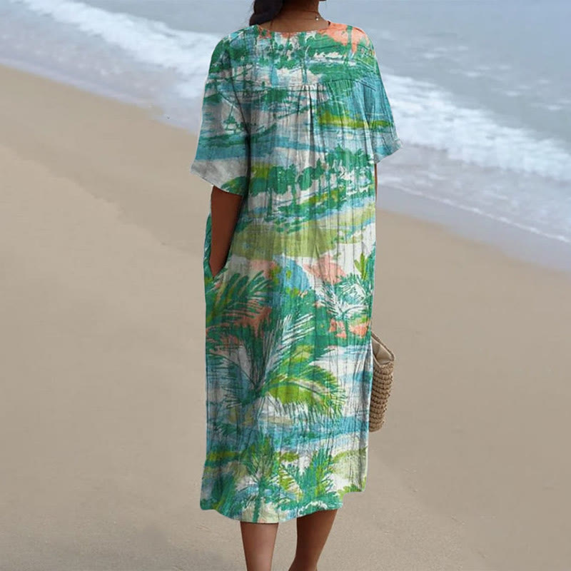Women's Vintage Green Leaves And Floral Art Print V-neck Short Sleeved Casual Midi Dress - image 2