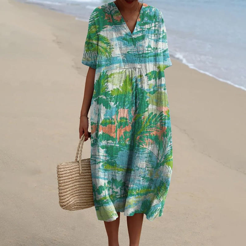 Women's Vintage Green Leaves And Floral Art Print V-neck Short Sleeved Casual Midi Dress - Green - 6XL - image 1