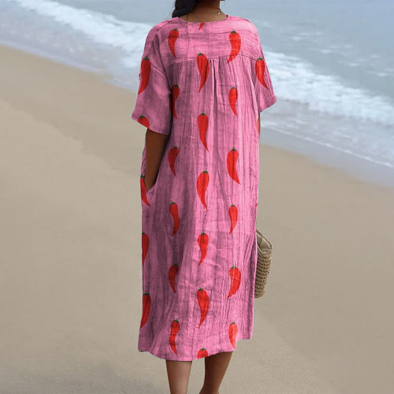 Women's Cute Chili Pepper Pattern Print V-neck Short Sleeved Casual Midi Dress - image 2