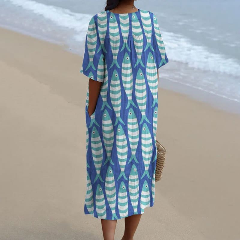 Women's Striped Fish Decorative Pattern Art Print V-neck Short Sleeved Casual Midi Dress - image 2