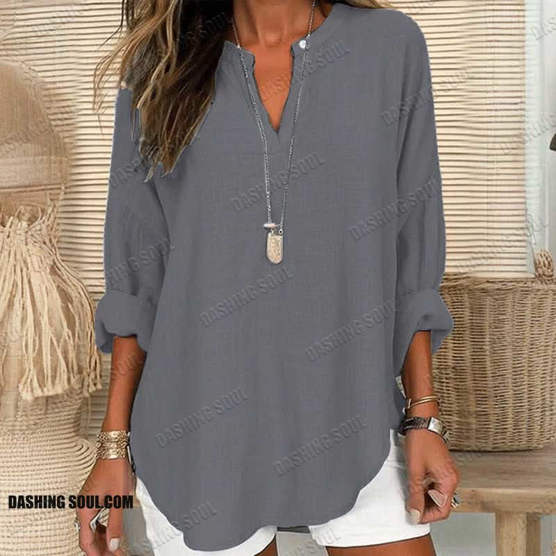 Women's Solid Color V Neck Long Sleeve Blouse