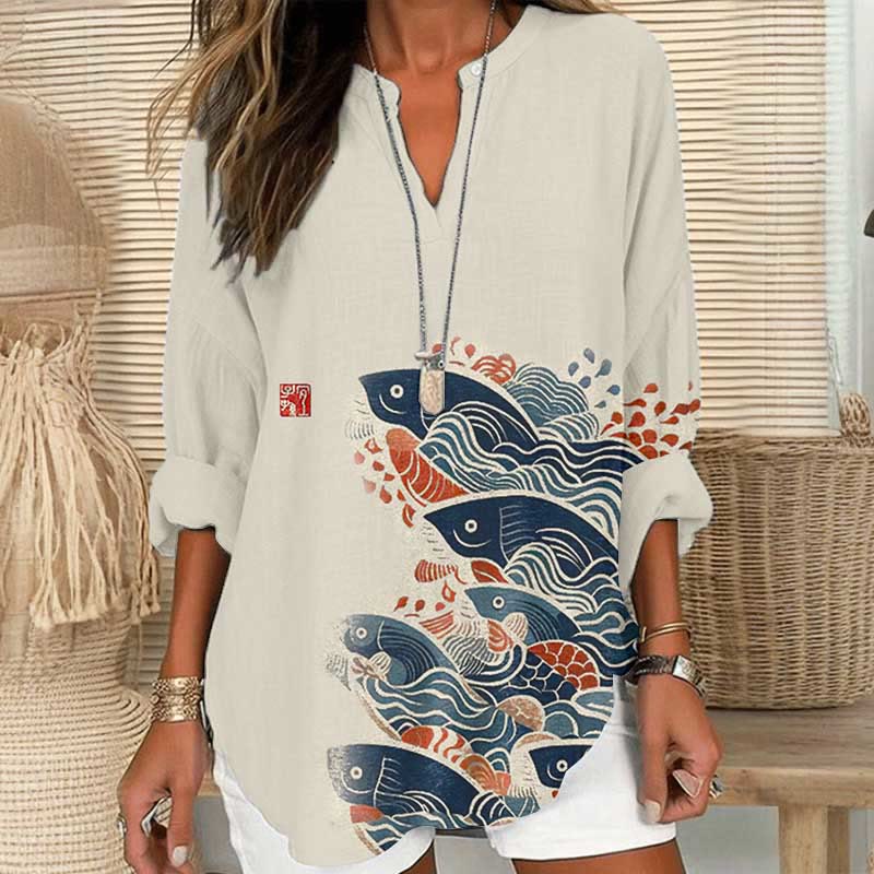 Dashingsoul Japanese Art Carp Print V Neck Long Sleeve Blouse