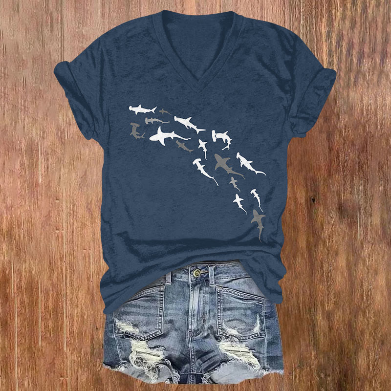 Shark Print Casual V-neck Short-sleeved T-shirt