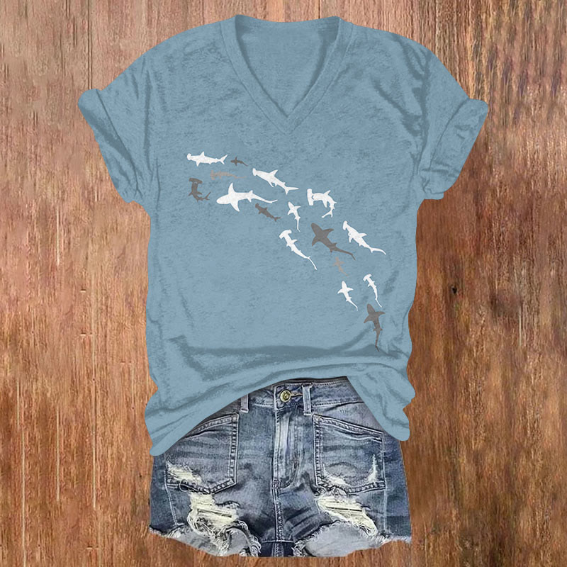 Shark Print Casual V-neck Short-sleeved T-shirt