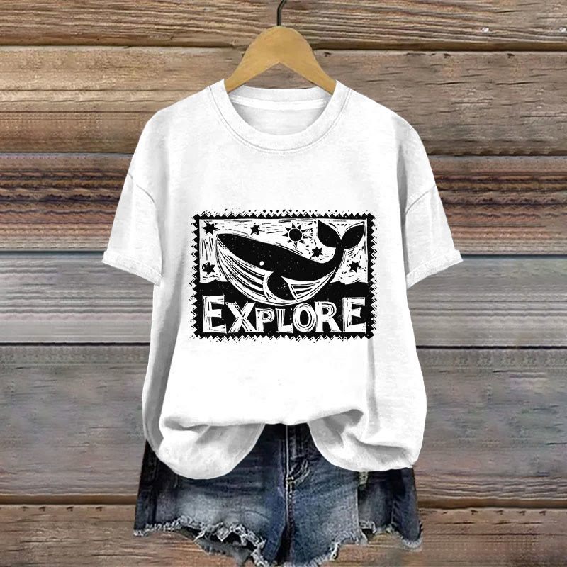 Dashingsoul 100% Cotton Whale Lino Art Print T-shirt