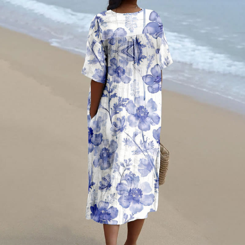 Summer Elegant Flowers Print V-neck Short Sleeved Casual Midi Dress - image 2