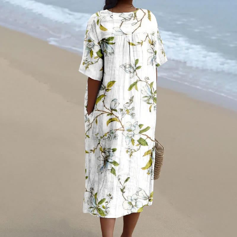Summer Vibrant Flowers Print V-neck Short Sleeved Casual Midi Dress - image 2