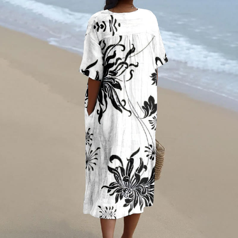 Unique Ink Painting Flowers Print V-neck Short Sleeved Casual Midi Dress - image 2