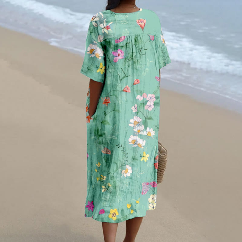 Bright Vibrant Flowers Print V-neck Short Sleeved Casual Midi Dress - image 2