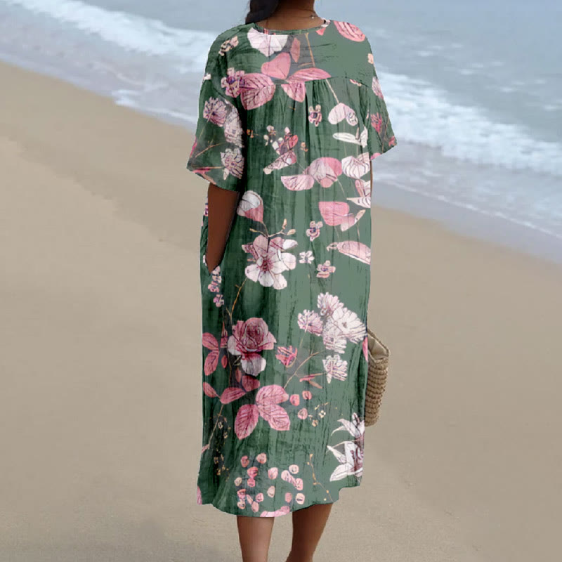 Pink Blooming Flowers Print V-neck Short Sleeved Casual Midi Dress - image 2
