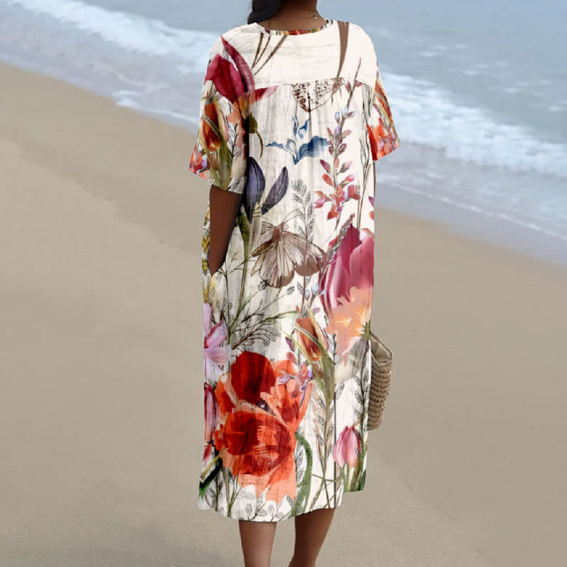 Bright Large Flowers Print V-neck Short Sleeved Casual Midi Dress - image 2