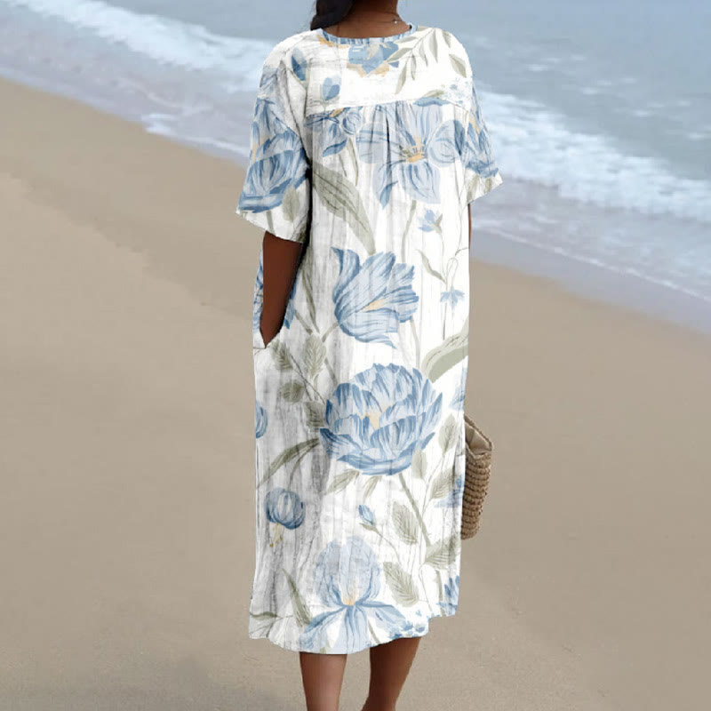 Blue Flowers Print V-neck Short Sleeved Casual Midi Dress - image 2