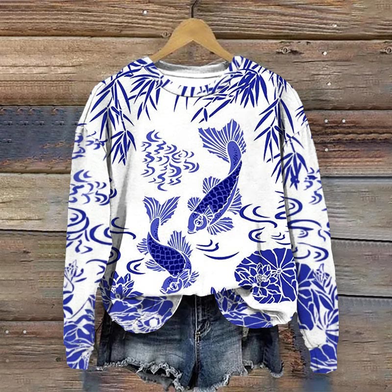 Japanese Retro Koi Carp Fish Art Print Sweatshirt - Blue - 5XL - image 2
