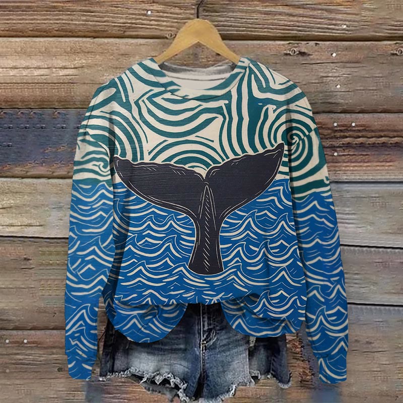 Japanese Retro Abstract Wave Whale Tail Art Print Sweatshirt - Blue - 5XL - image 1