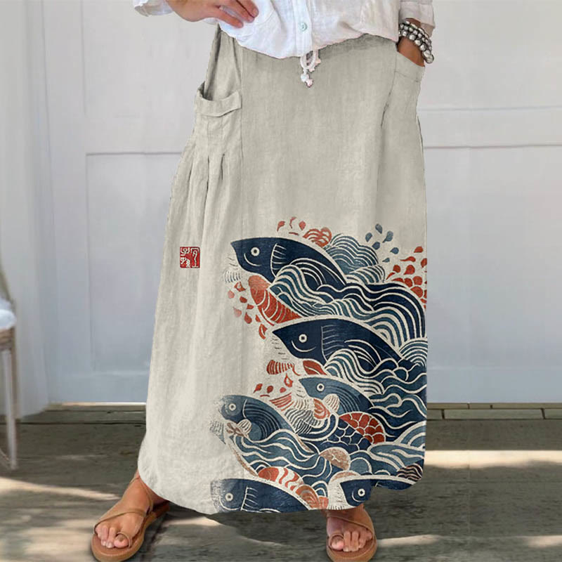 Women's Japanese Art Carp Print Casual Pocket Skirt - Apricot - 5XL - image 1